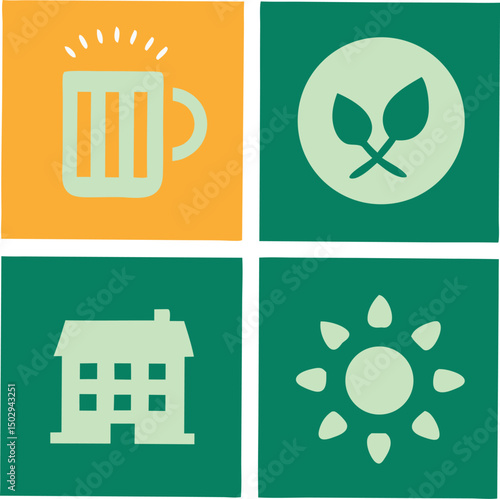 Abstract icon set representing beer sun nature and real estate in blocks