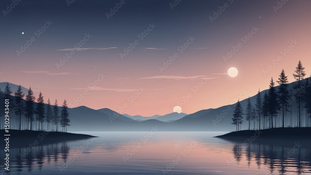 Naklejka premium Serene minimalist landscape with lake, mountains, and trees at sunset or sunrise