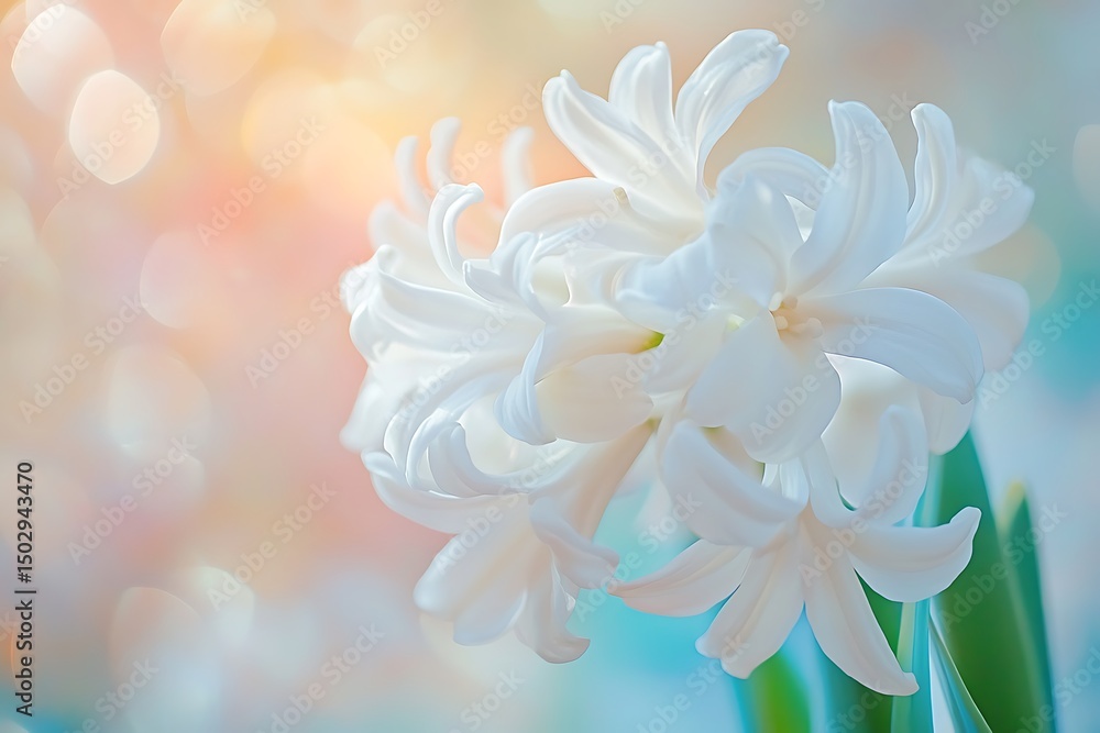 Fototapeta premium Elegant White Hyacinth Flower with Bokeh Lights on Soft Colored Background CloseUp