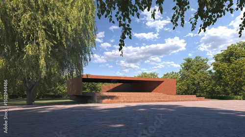 Terracotta pavilion in a park setting under a partly cloudy sky.