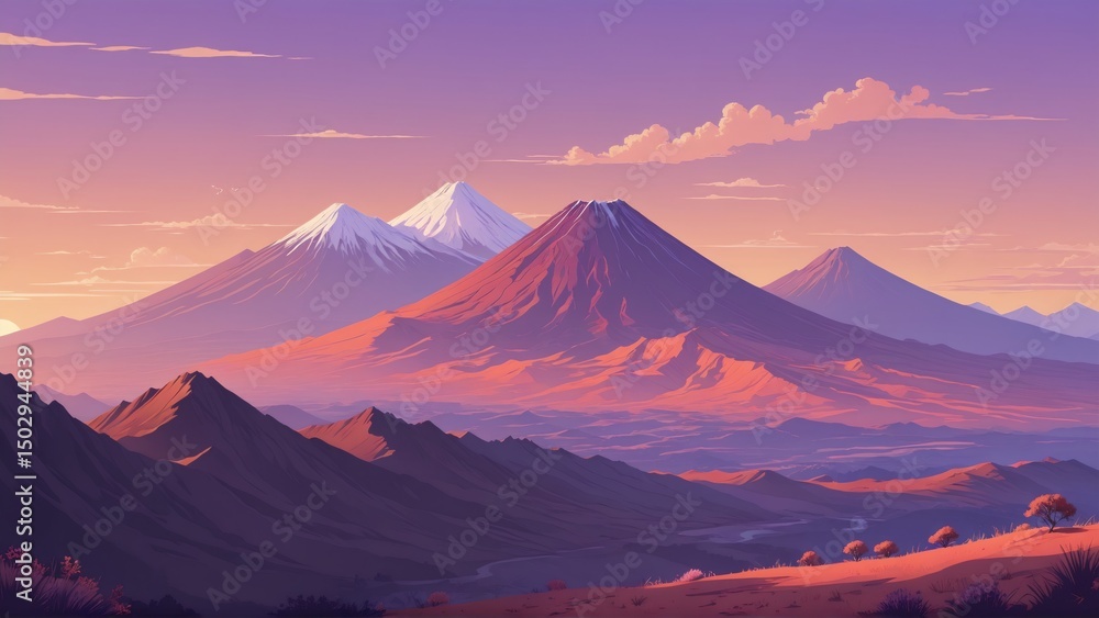 Fototapeta premium Vibrant mountain range landscape at sunset with colorful sky and clouds