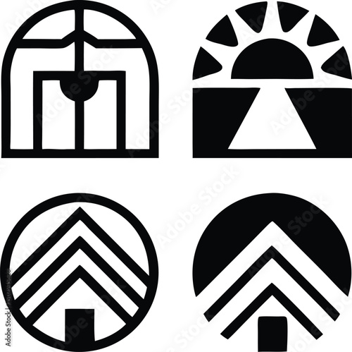 Black silhouette icon set representing memorial architecture and slave route symbolism