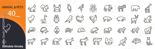 Animal and pets related icons set. Including dog, cat, paw, pet care, shelter, food, vet, and adoption. Editable stroke. outline icons.