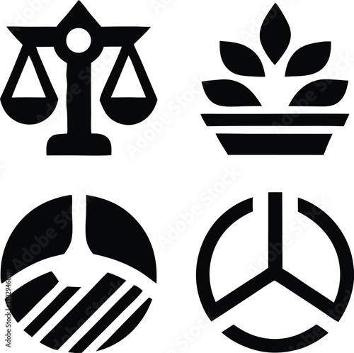 Black silhouette of justice icons featuring court scales and legal advocacy elements