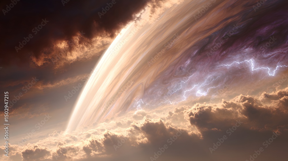 Fototapeta premium An alien gas giant looms large, with swirling clouds and electrical storms dominating the view.