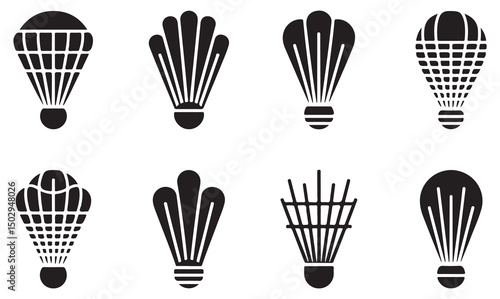 Set of black silhouette illustrations of shuttlecocks in different designs on a white background.