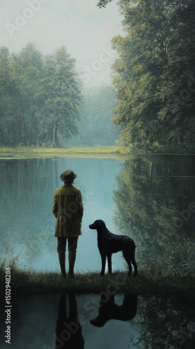 A person and a dog standing by a lake with trees in the background on a foggy day in the countryside