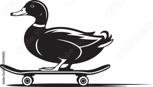 Mallard Duck Skateboarding Illustration Black and White