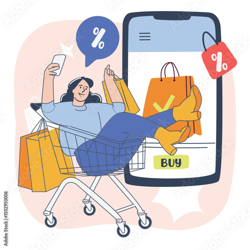 Happy woman sitting in shopping cart using smartphone, flat design e-commerce discount illustration
