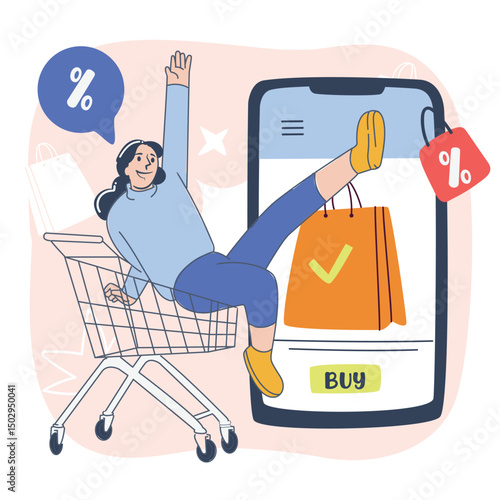 Excited woman in shopping cart raising hand, flat design e-commerce sale illustration