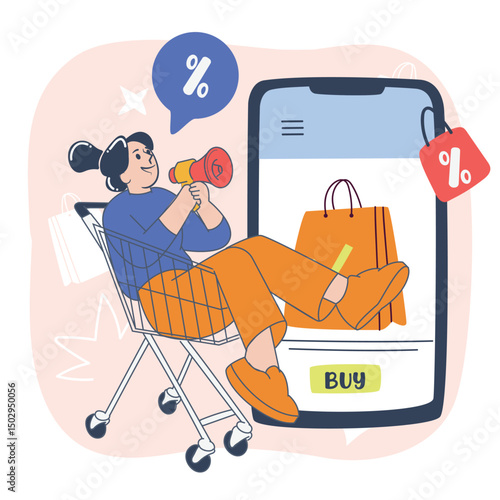 Happy woman sitting in shopping cart with megaphone, flat design e-commerce discount illustration
