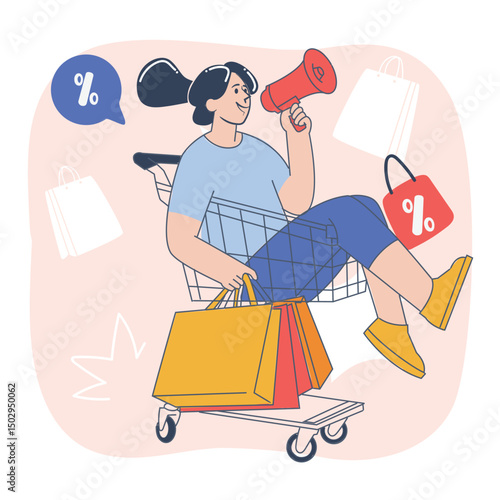 Happy woman riding shopping cart with megaphone and shopping bags – flat vector illustration for e-commerce and sales