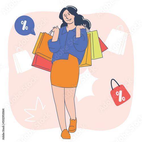 Stylish woman carrying shopping bags with smile – flat vector illustration for online shopping and sales