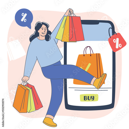 Happy woman holding shopping bags with leg up, flat design e-commerce illustration