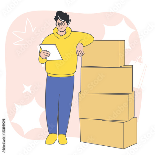 Delivery man checking parcel list with stacked boxes – flat design logistics and e-commerce illustration