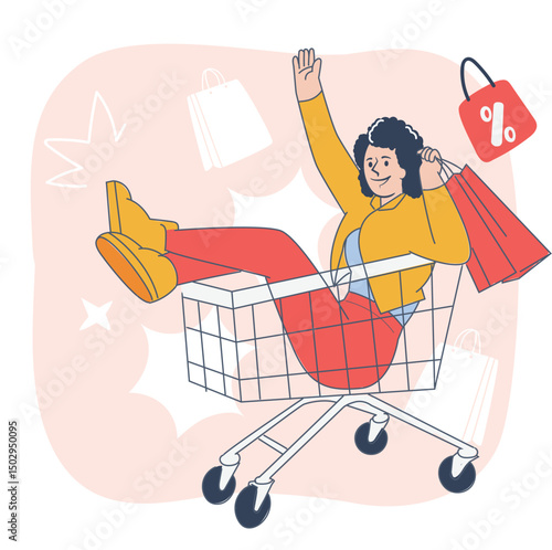 Excited woman riding shopping cart with shopping bags – flat vector illustration for e-commerce and discounts
