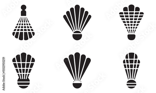  Set of black silhouette illustrations of badminton shuttlecocks in various designs, representing the sport and its equipment.