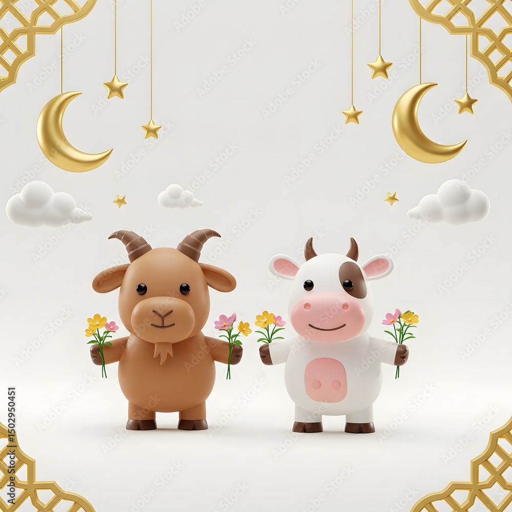 Naklejka premium Islamic Holiday Concept with 3D Goat, Cow, and Decorative Elements