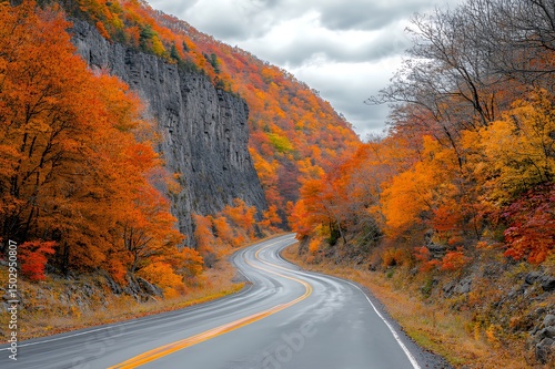 Autumn Road Winding Through Colorful Mountainside