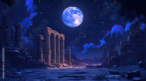 Ethereal blue moon illuminates ancient ruins under a starry night sky in a digital painting with