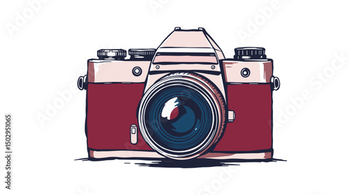 Stylish camera illustration with red body and detailed lens, symbolizing creativity in photography