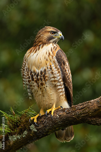 Red-tailed hawk perched on a branch in a forest, showcasing its brown and white plumage, sharp talons, and keen eyesight in its natural habitat