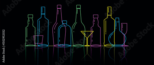 Vector line art design for pub poster, set of different types of alcohol bottles, glasses. Drinking, party, alcohol tasting, holiday, red wine, chardonnay, brandy