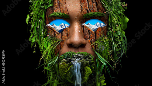 Surreal portrait of a woman with a tree bark face, mountain eyes, and a mossy waterfall mouth surrounded by lush green plants