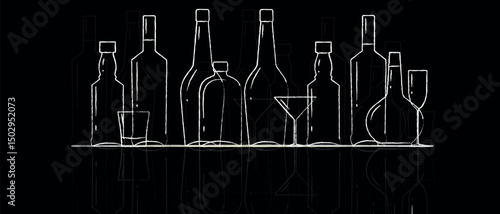 Collection of alcohol bottles, glasses, linear hand drawing in sketch style. Poster for pub, bar, restaurant menu, outline drawing of a bottle of wine, cognac, whiskey