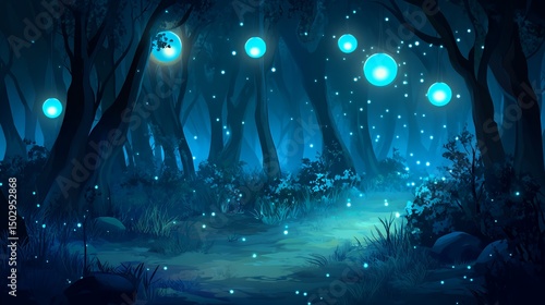 Enchanting Blue Forest Path Illuminated By Glowing Lights