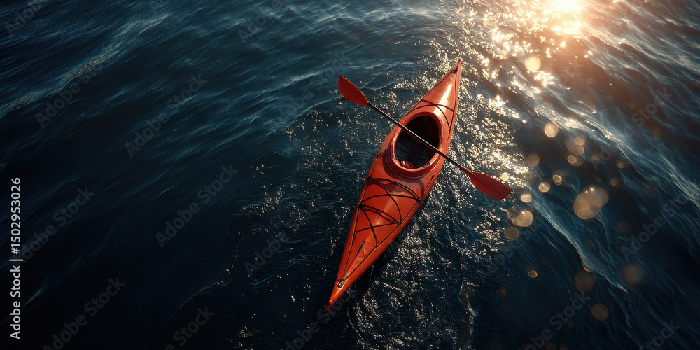 Fototapeta premium Red kayak floats on open sea under sun glow