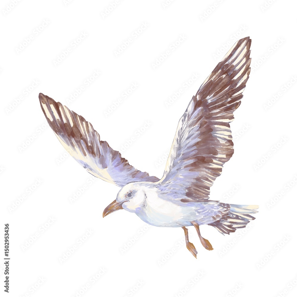 Fototapeta premium Seagull flying over open sky, wings spread wide. Hand-painted watercolor illustration, light and airy. Perfect for nautical, coastal, or marine-themed designs