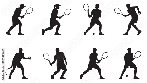 Tennis player silhouette in action with different poses, athletic movement, and racket on the court