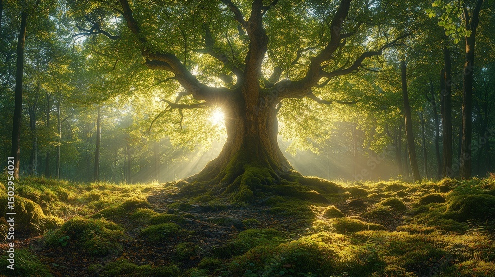 Naklejka premium Majestic ancient tree bathed in sunlight