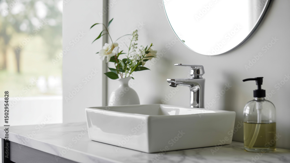 Fototapeta premium A minimalist bathroom interior photograph with a white porcelain vessel sink mounted on a white marble countertop