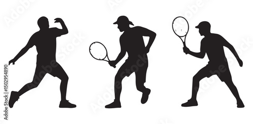Set of black silhouette illustrations of tennis players in various action poses, depicting movement and athleticism.