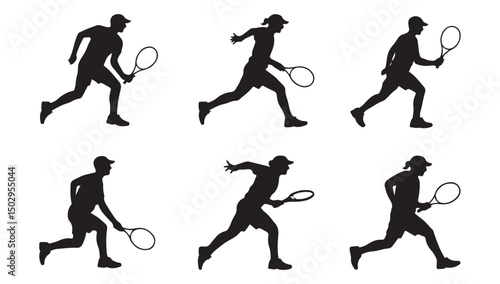 Set of black silhouette illustrations of tennis players in various action poses, depicting movement and athleticism.
