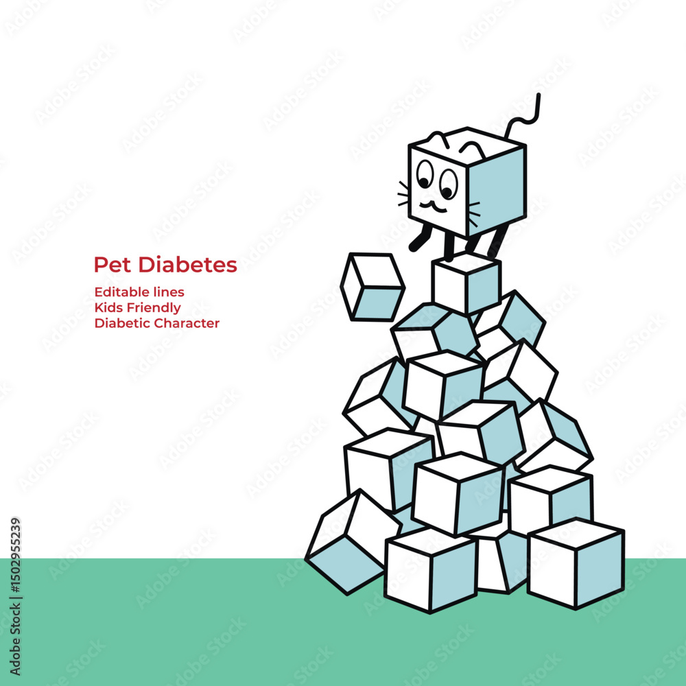 Cubic cat representing the pet with diabetes is sitting on the top of the sugar pile and knocking one cube of sugar over. Cubic cat representing the pet with diabetes is sitting on the top of the sugar pile and knocking one cube of sugar over.