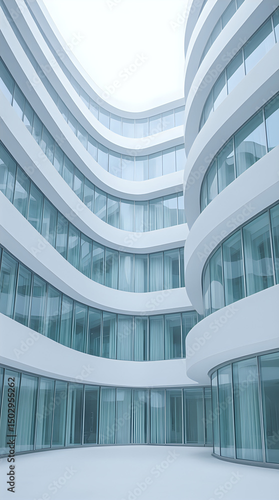 Fototapeta premium The image captures a modern architectural structure with a series of curved glass panels, creating an open, airy space.