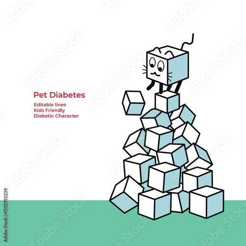 Cubic cat representing the pet with diabetes is sitting on the top of the sugar pile and knocking one cube of sugar over. 