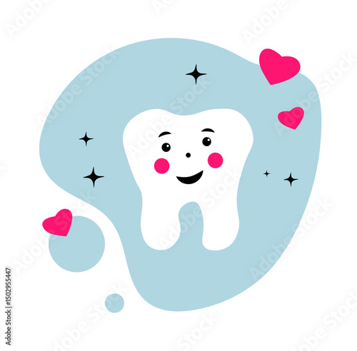A healthy, cute tooth with a smile on a white background. Stomatology