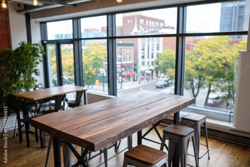 Fototapeta premium Interior view of urban building showcasing wooden table and cityscape through expansive windows
