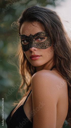 Portrait of a woman with long brown hair wearing a decorative eye mask posing outdoors in a black top