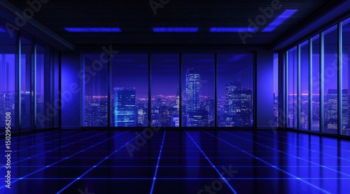Empty, futuristic office, night city view