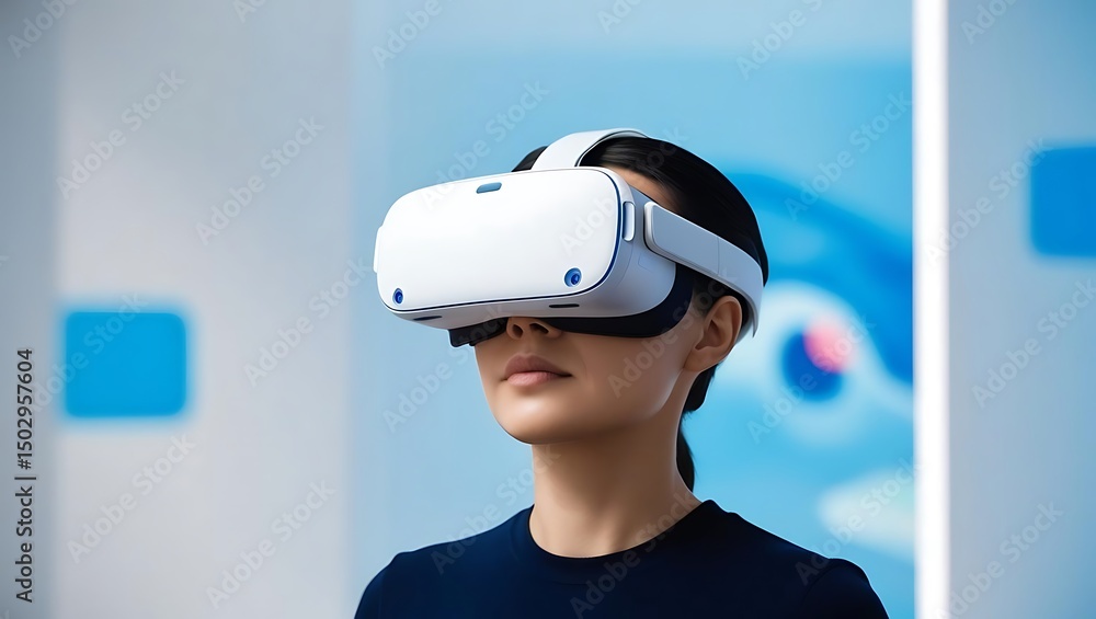 Young Woman Experiencing Immersive Virtual Reality Headset Technology Young Woman Experiencing Immersive Virtual Reality Headset Technology