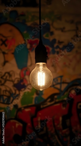 A close-up image of a glowing light bulb encased within a metal framework, illuminated from within, set against a patterned background.