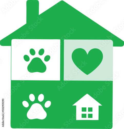 Green house icon featuring paw prints heart and home symbolizing pet love