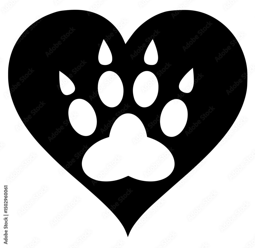Fototapeta premium Silhouette of a Paw Print Inside a Heart Shape – Love for Animals, Pet Care, Animal Rescue, Veterinary Support, Animal Welfare, Compassion, Adoption, Used for Pet Charities and Awareness Campaigns
