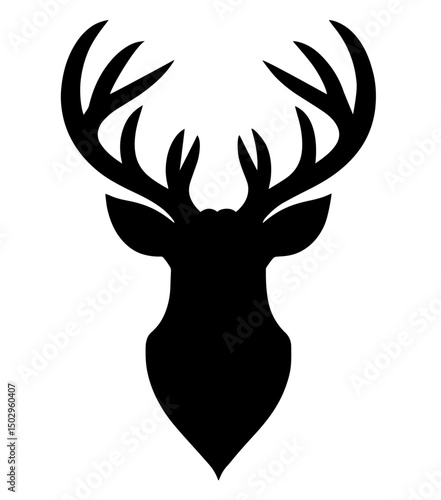 Silhouette of Deer Head with Antlers Facing Forward – Rustic Forest Décor, Hunting Trophy Emblem