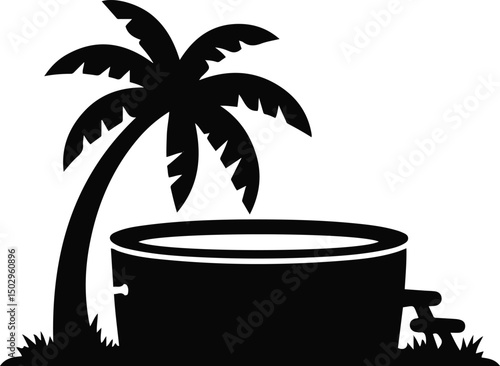 Tropical Hot Tub Silhouette with Palm Tree – Vacation Relaxation Icon Vector